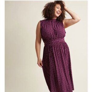 Leota Mindy Sleeveless Midi Dress 4X Purple and Pink Polka Dot Tie Waist